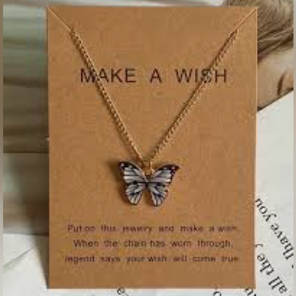 Zebra White Gray Black Butterfly Make A Wish Pendant Charm Necklace